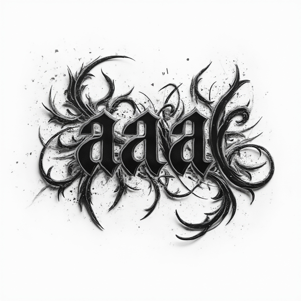 Monochrome tattoo concept where the name aaa is formed from intricate, aggressive, intertwined black letterforms on a white background.