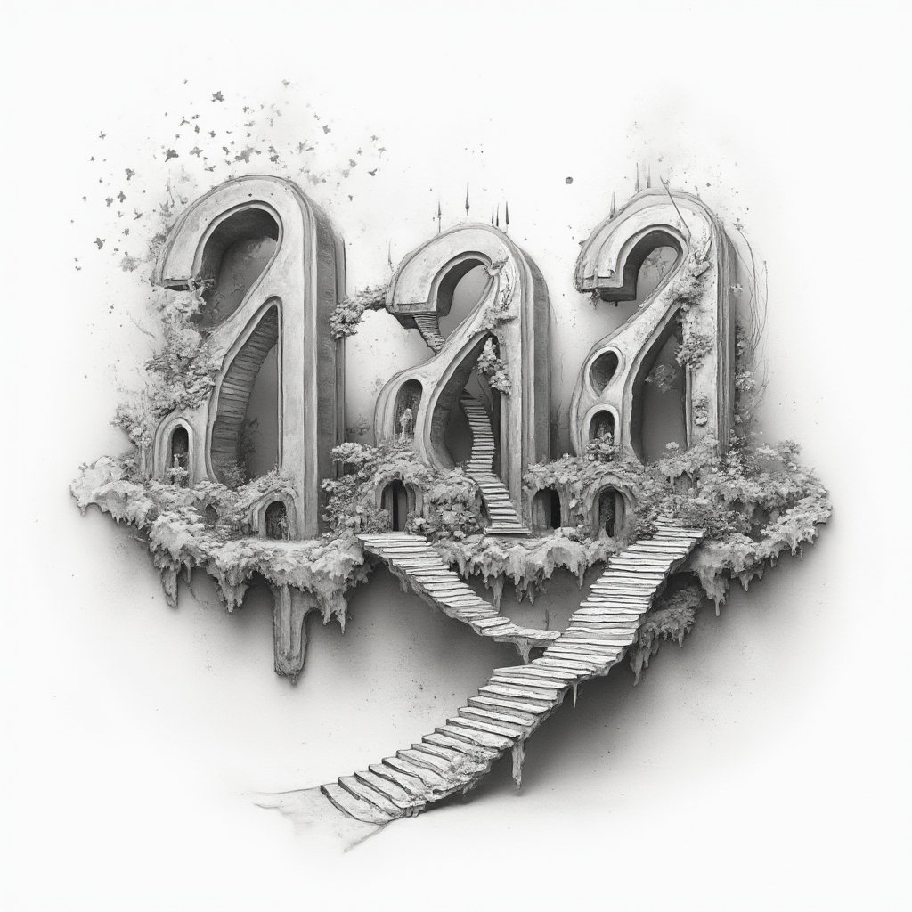 Surrealism tattoo concept where the name aaa is constructed from impossible architectural letterforms floating on a white background.