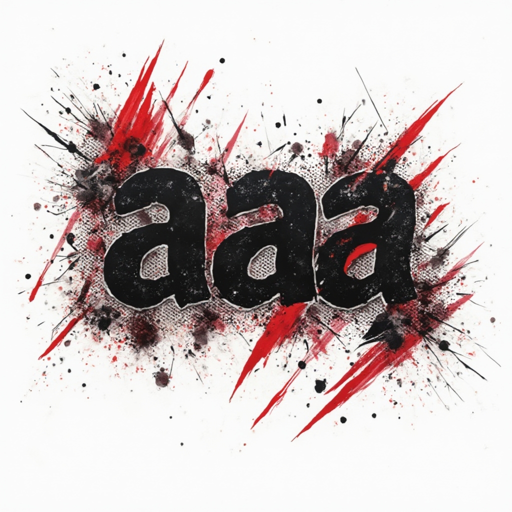 Trash Polka tattoo concept featuring the name aaa as fractured black lettering with red geometric blocks and splatters on a white background.