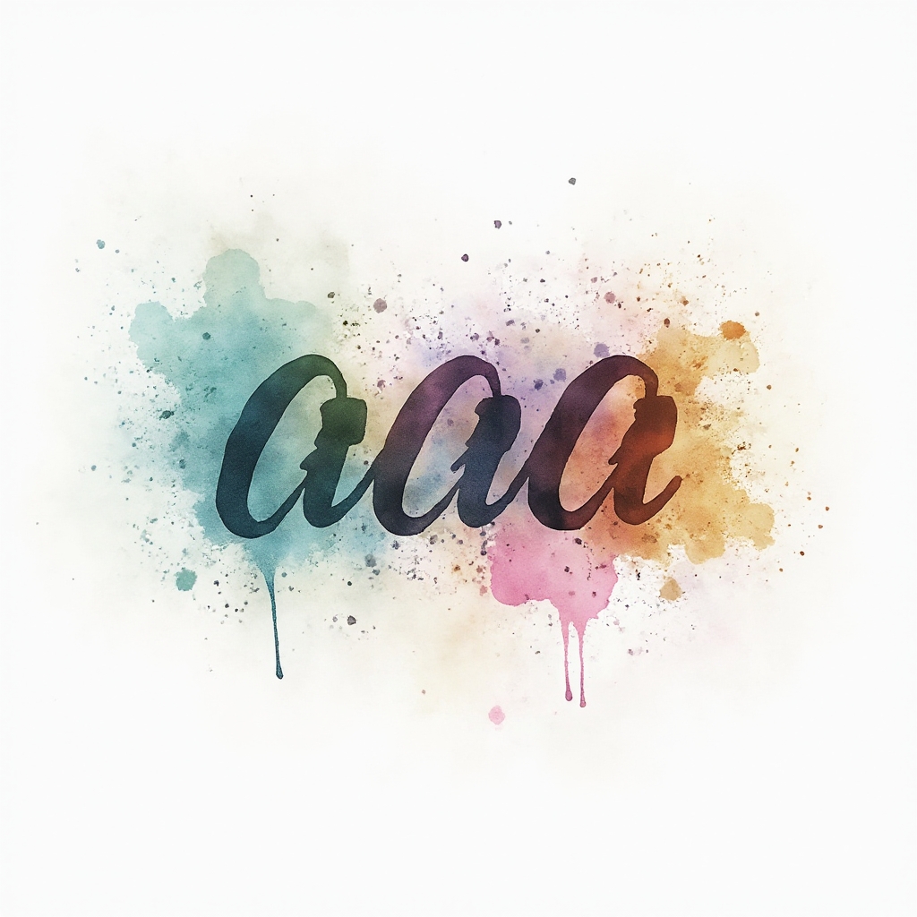Watercolor tattoo concept where the name aaa is formed by flowing calligraphic letters turning into colorful watercolor splashes on a white background.