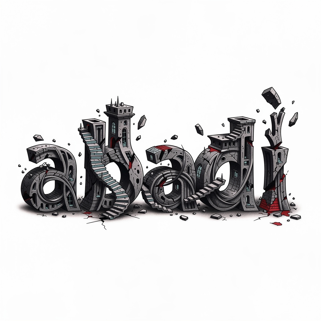 Surrealism tattoo artwork of the name Abadi on white background