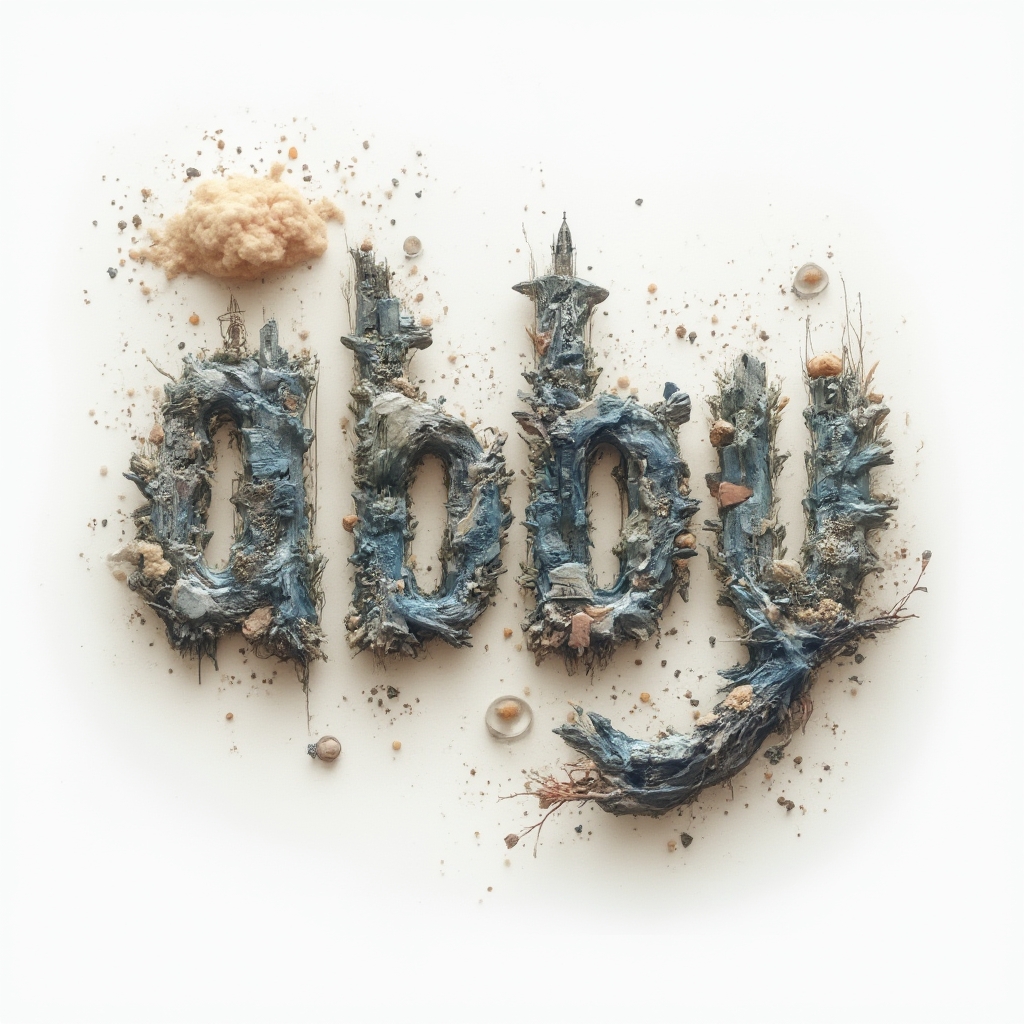 surreal tattoo design of the name abby built from floating dreamlike objects on a white background