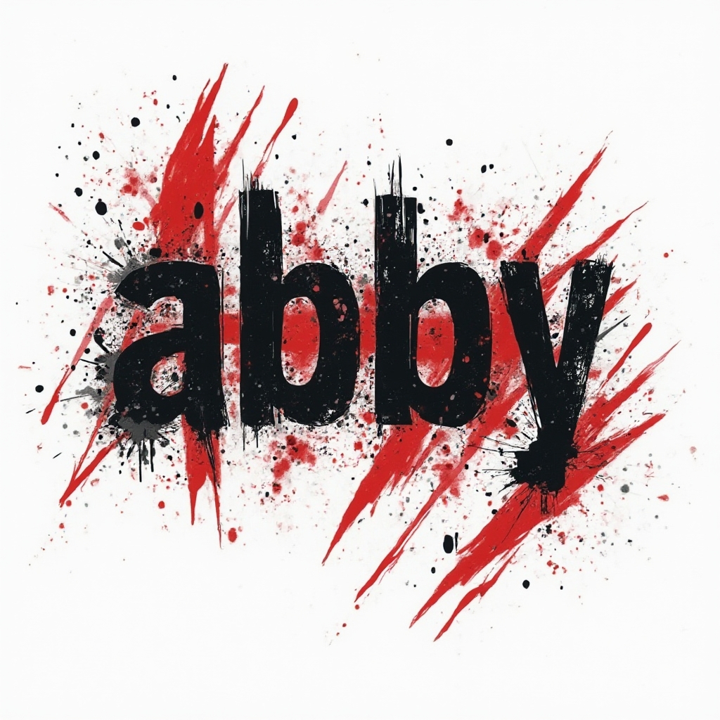 trash polka tattoo design of the name abby with bold black and red abstract elements on a white background