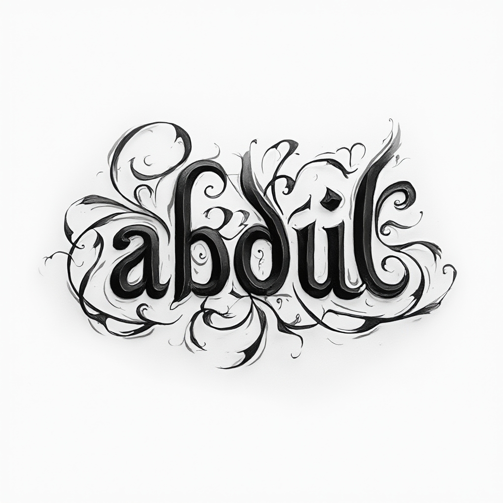 Elegant tattoo concept where the name abdul is formed by sculpted flowing black and gray ink strokes on a white background