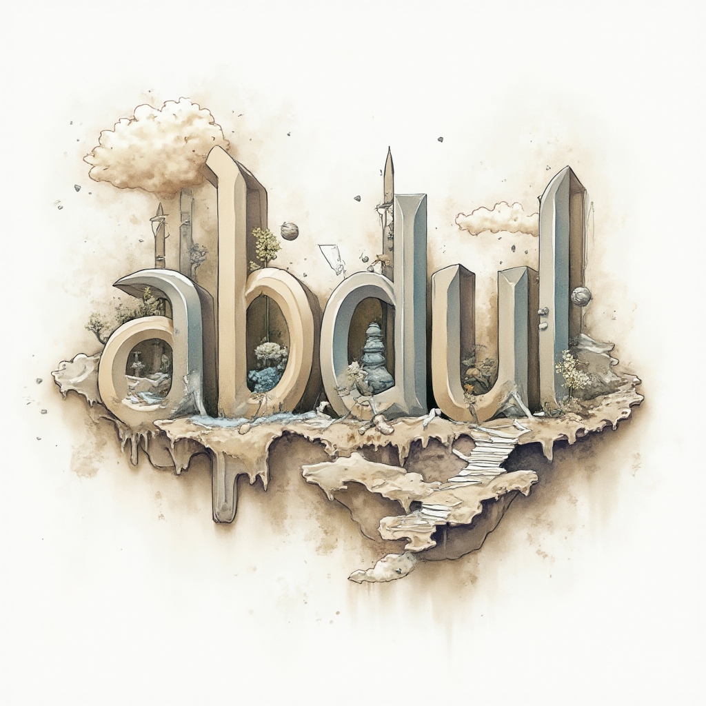 Surreal tattoo concept where the name abdul is built from floating, melting forms and impossible structures on a white background