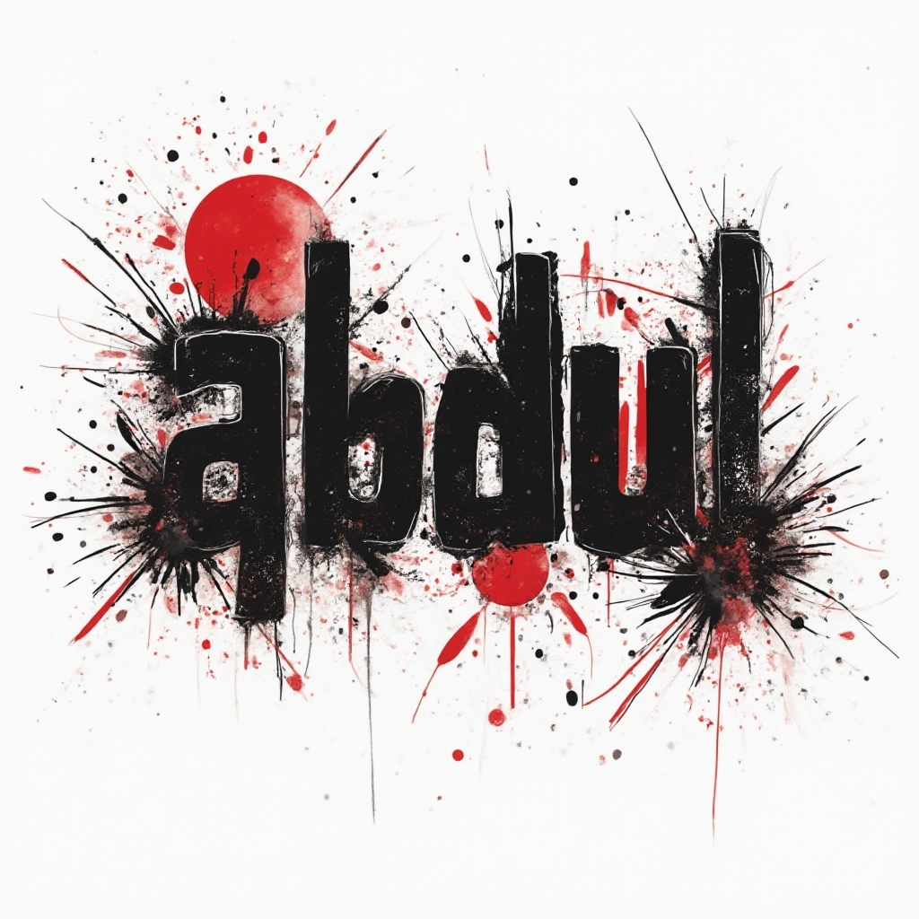 Trash Polka style tattoo concept with the name abdul formed from bold black strokes, red blocks, and splatters on a white background