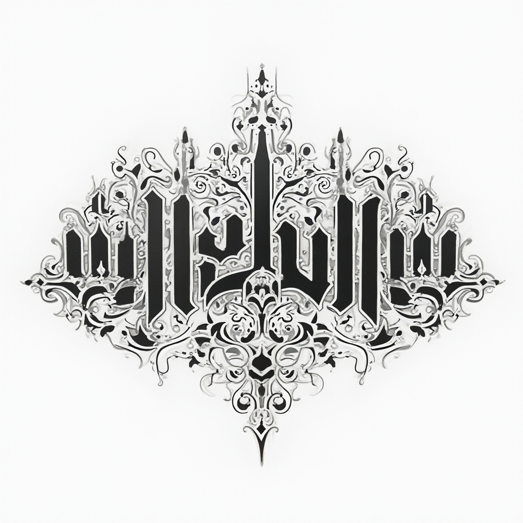 Abstract geometric tattoo concept of the name abdurrahman built from ornamental shapes on white background.