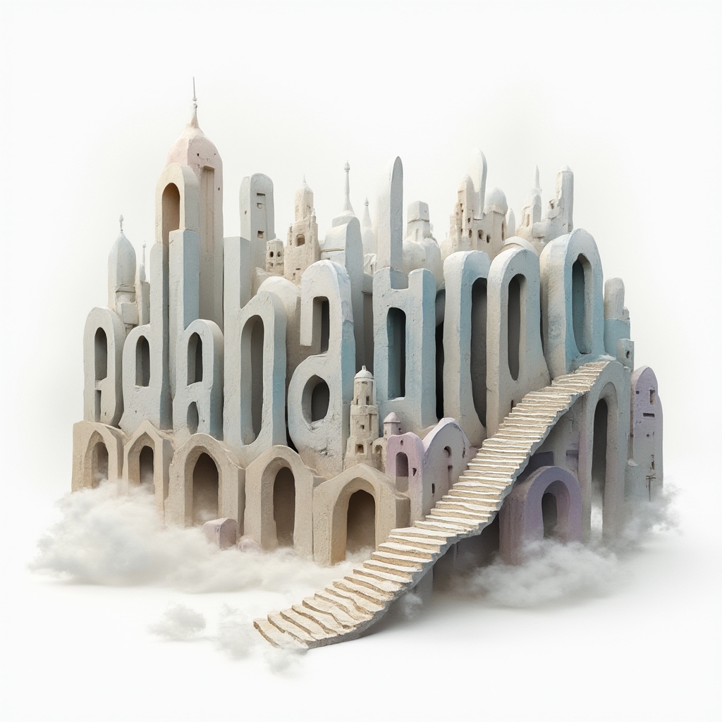 Surreal tattoo concept of the name abdurrahman transformed into impossible dreamlike architecture on white background.