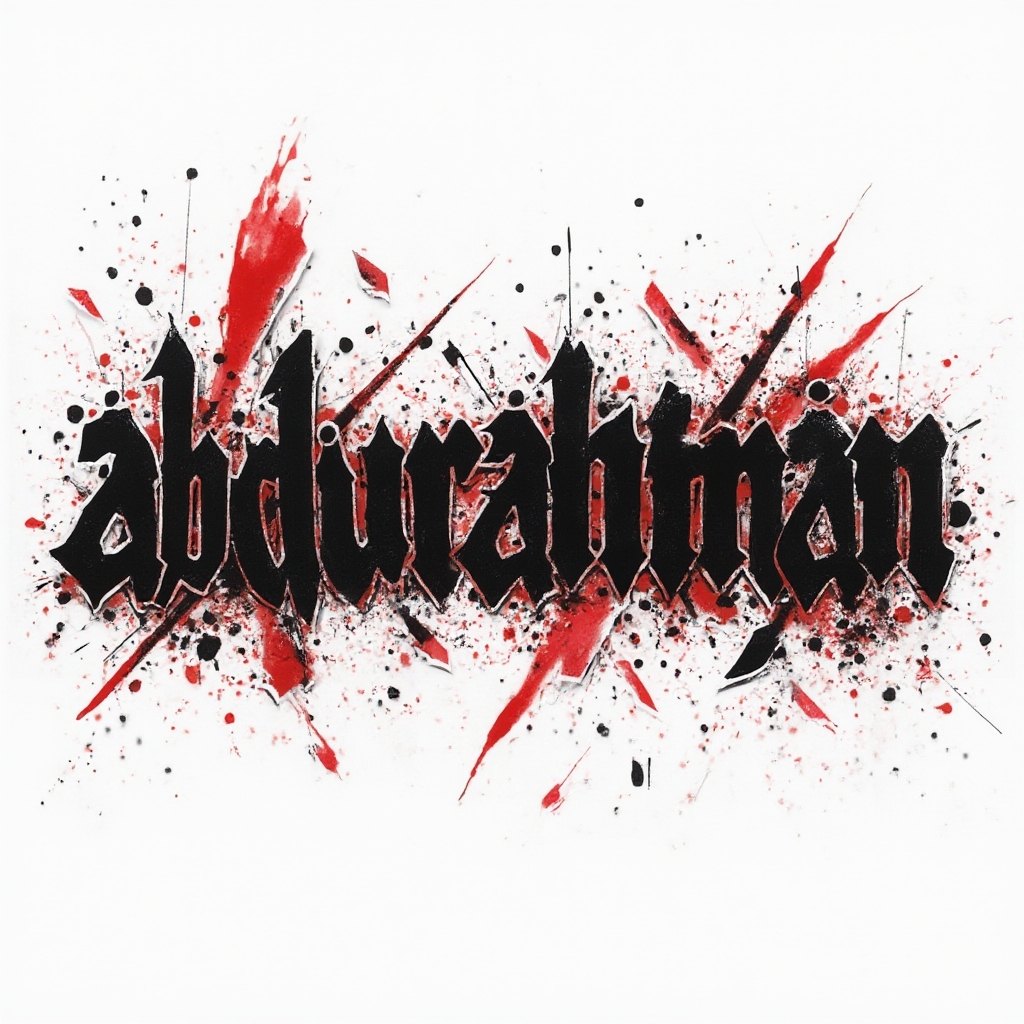 Trash Polka tattoo concept of the name abdurrahman with bold black lettering and red accents on white background.