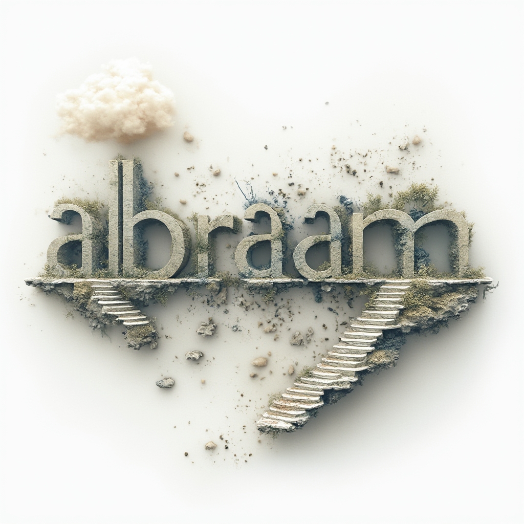 Surreal tattoo concept where the name abraham transforms into floating stone letters, clouds, and impossible shapes on a white background.