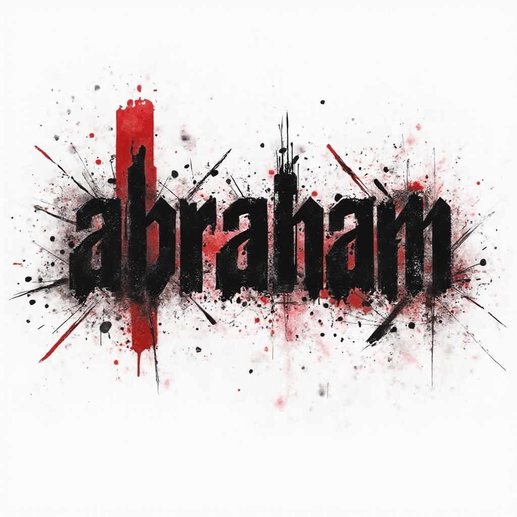 Trash Polka-style tattoo concept where the name abraham is formed from distressed black strokes and red splashes on a white background.