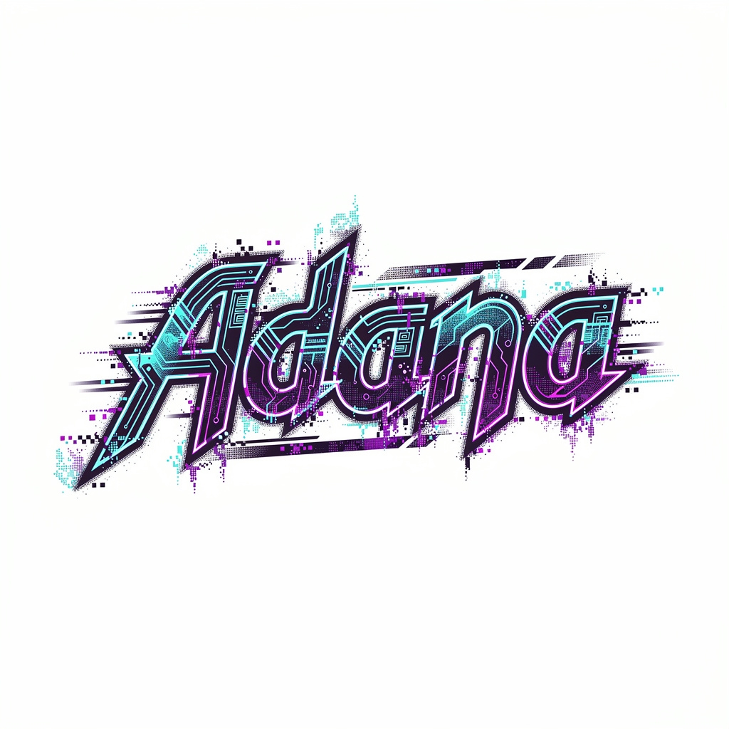 Futuristic cyber-inspired tattoo lettering of the name Adana in a custom style.