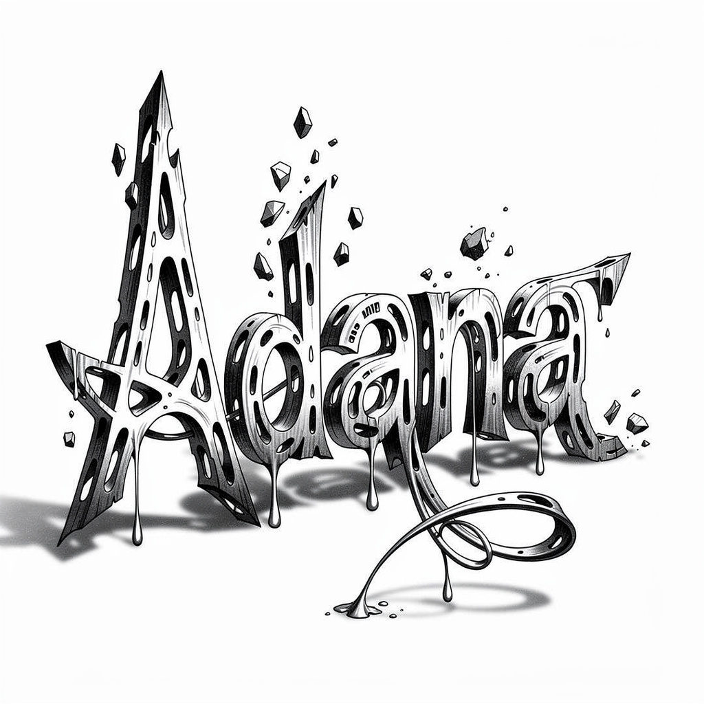 Surreal black and gray tattoo design built from the letters of the name Adana.