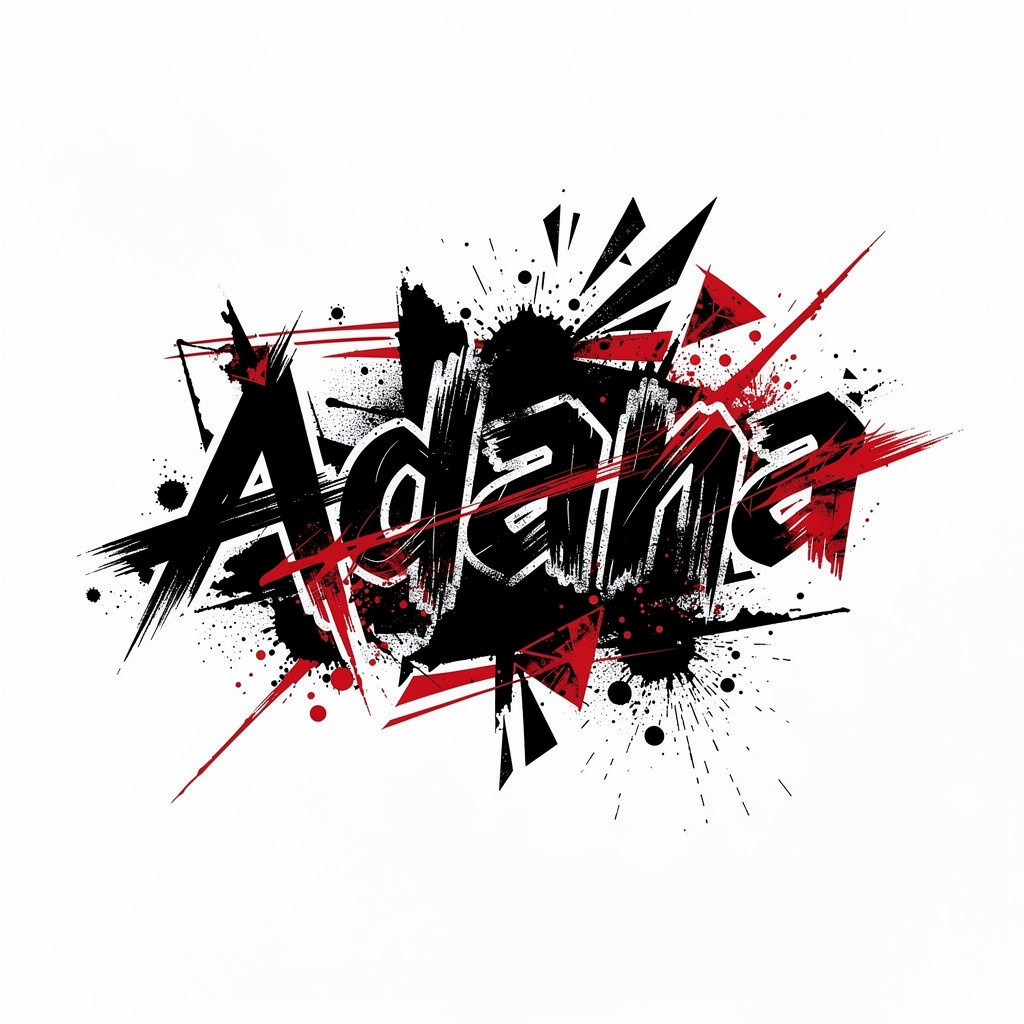 Trash Polka tattoo design of the name Adana with black and red graphic elements.