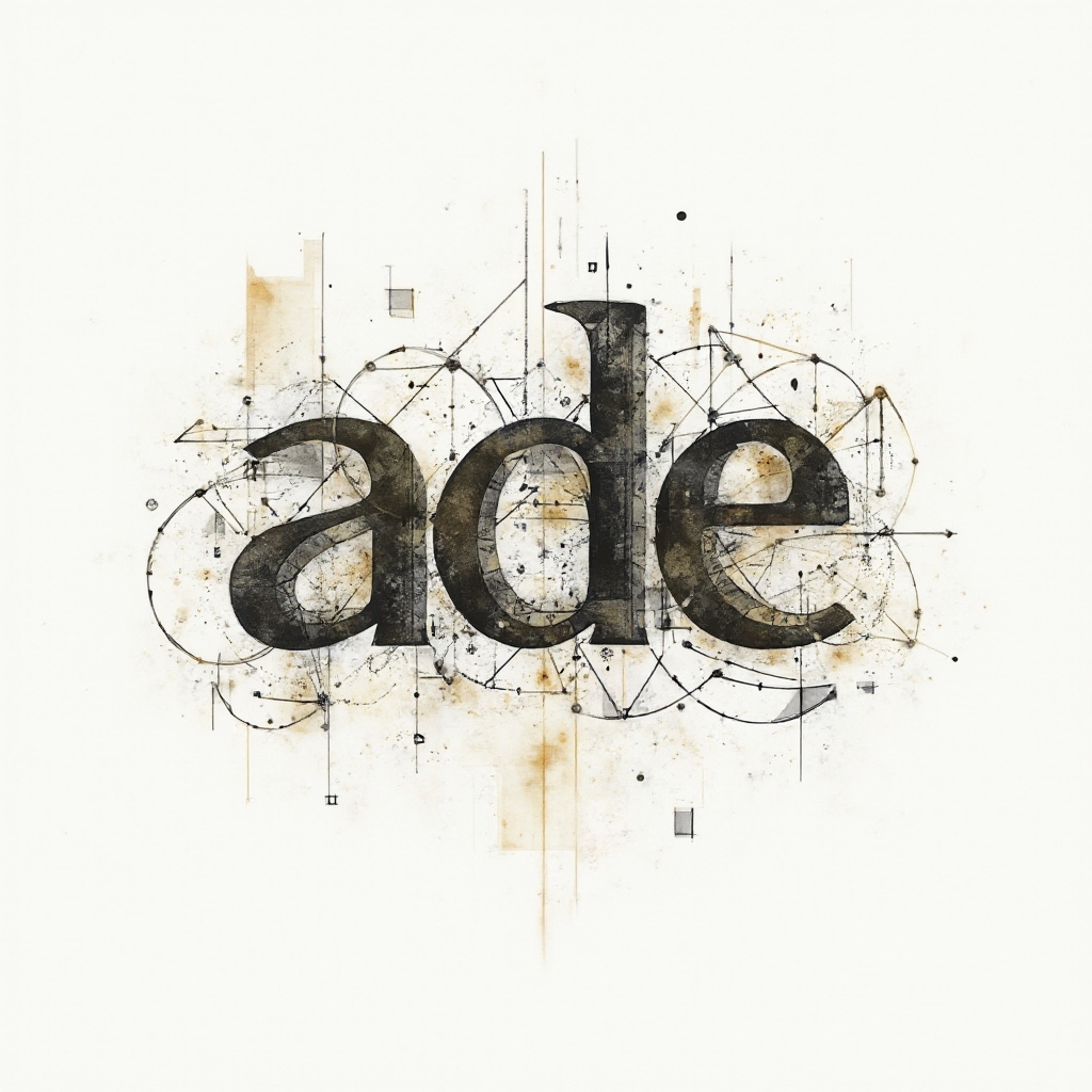 Geometric-inspired tattoo concept where the name ade is abstracted into interlocking shapes and fine line patterns on white.