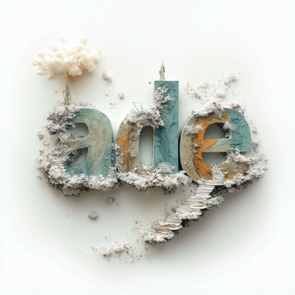 Surreal tattoo concept where the name ade is built from floating surreal structures and abstract dreamlike elements on white.