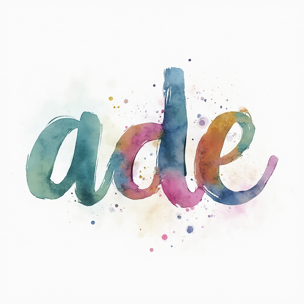 Watercolor-style tattoo concept where the name ade is formed from colorful flowing paint splashes on a white background.