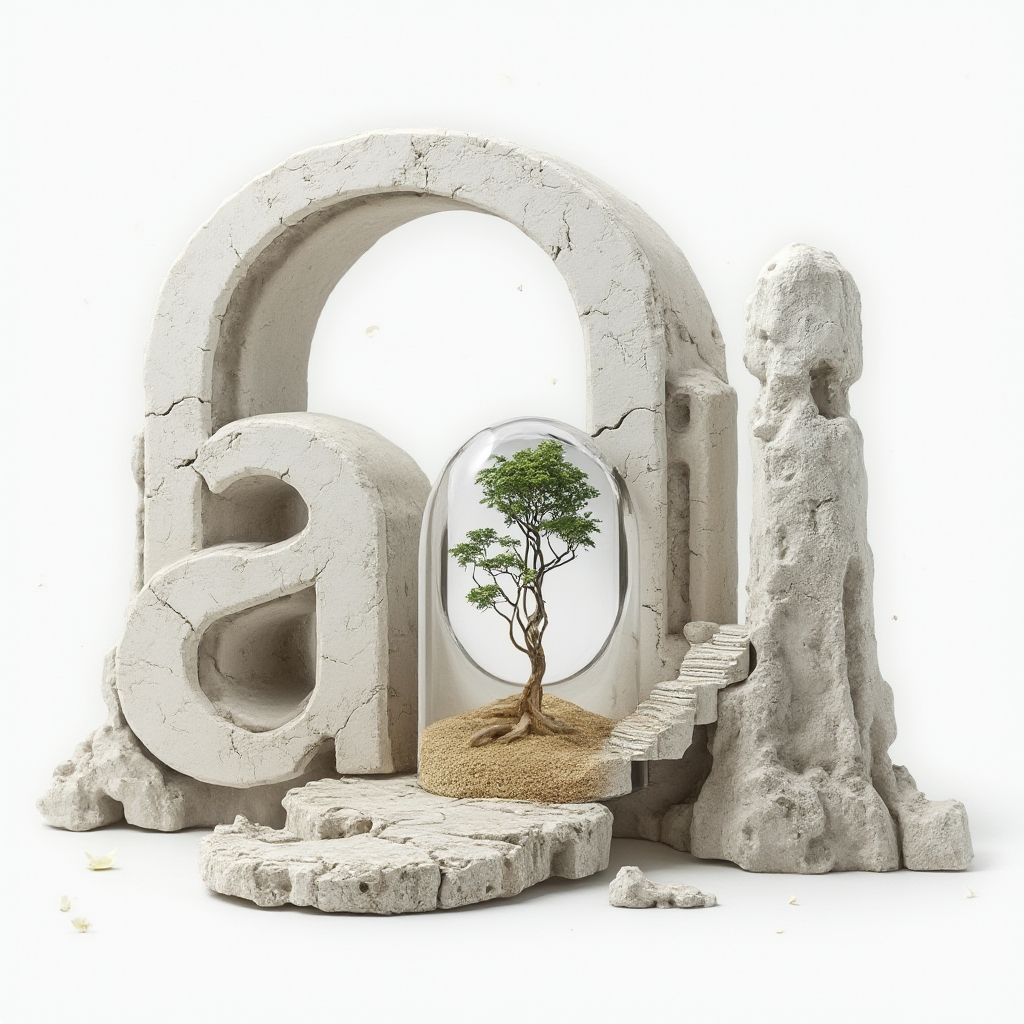 Surreal tattoo concept where the name adi is formed from dreamlike stone, glass and metal structures on white background.