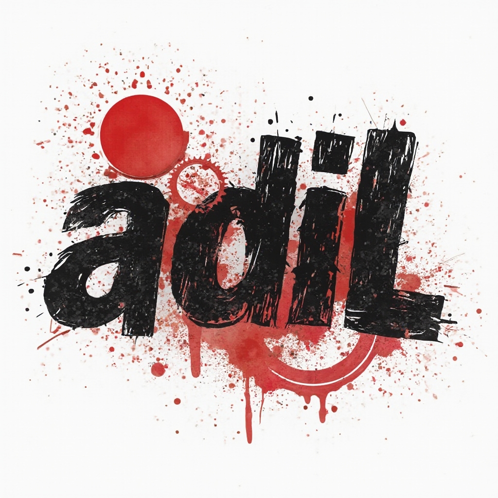 Trash polka tattoo concept where the name adil is built from distressed black and red graphic textures on a white background.