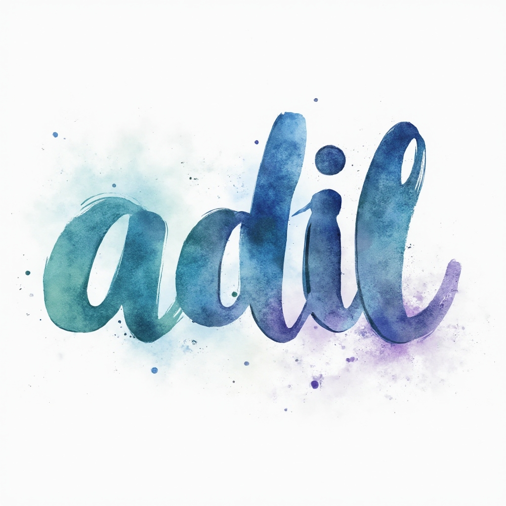 Watercolor splash tattoo concept integrating the name adil in flowing painted letters on a white background.