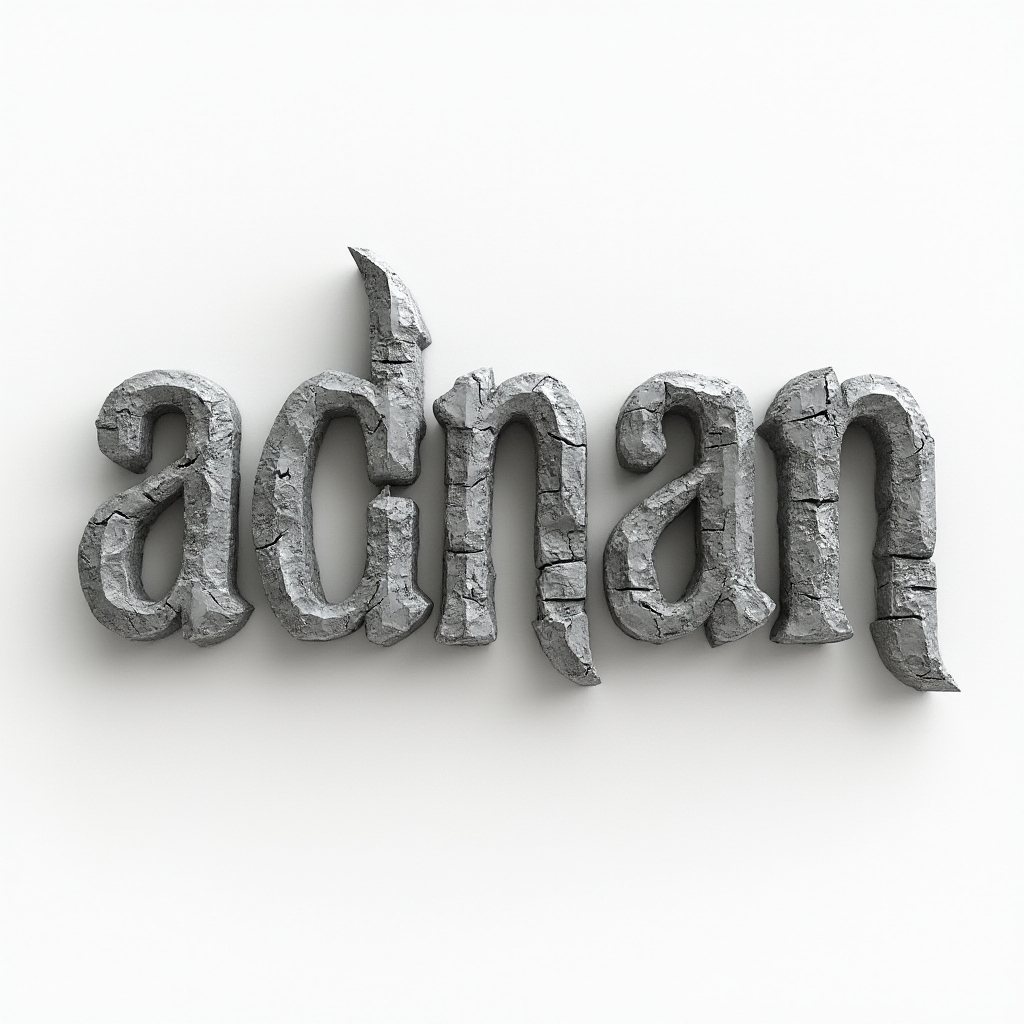 The name adnan rendered as carved stone 3D letters with detailed shadows and cracks on a white background.
