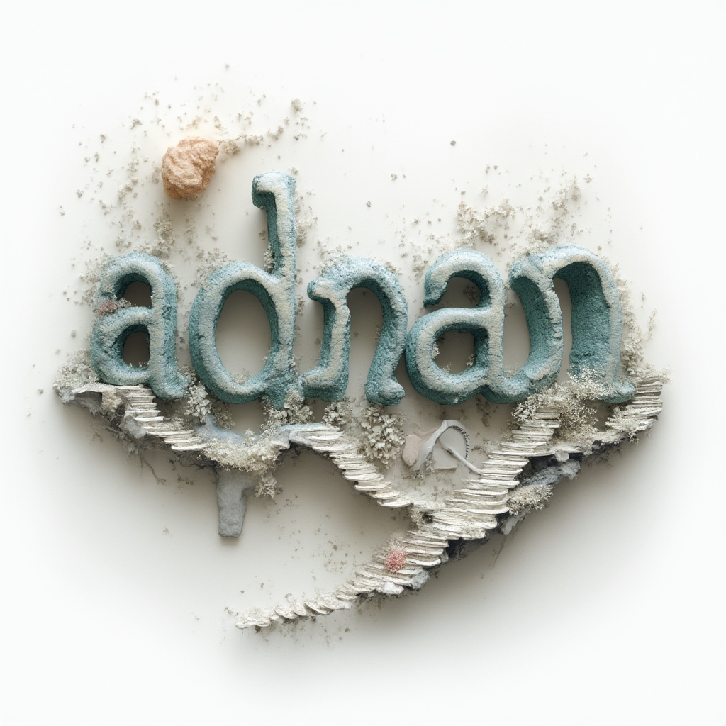 Surreal architectural letters forming the name adnan as floating stone ribbons and dreamlike shapes on a white background.