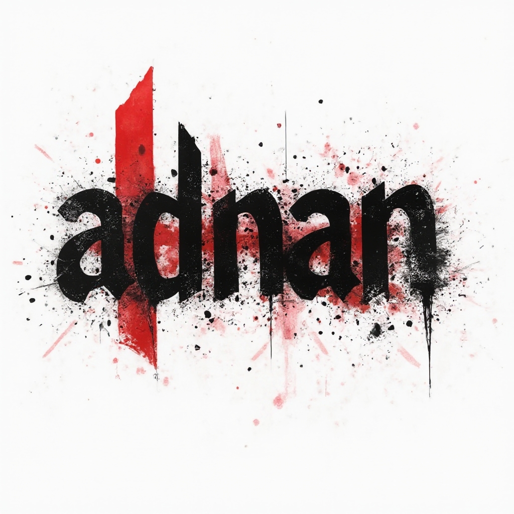 Bold black and red distressed lettering forming the name adnan with grunge textures and splashes on a white background.