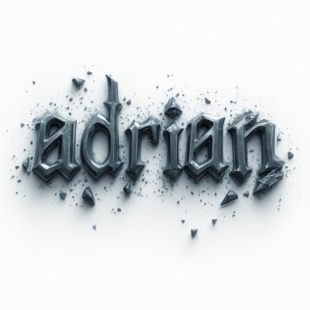 Dimensional metallic-style tattoo concept of the name adrian appearing as sculpted, floating letters on white