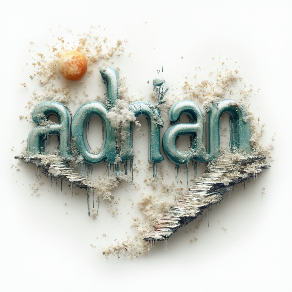 Surreal dreamscape tattoo design where the name adrian is built from floating, impossible structures on white