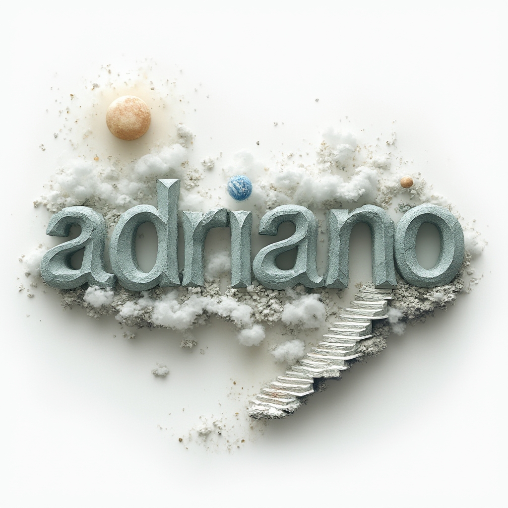 Surreal dreamscape tattoo design where the name adriano becomes floating stone letters, clouds, and impossible architecture on a white background.