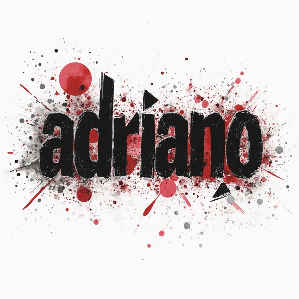 Trash Polka inspired tattoo where the name adriano is built from fragmented black lettering with red splashes and geometric blocks on a white background.