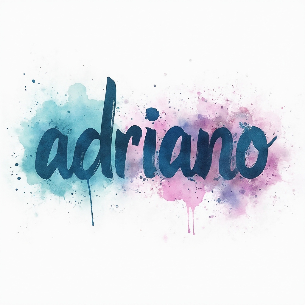 Watercolor ink splash tattoo concept where the name adriano is formed from colorful flowing brushstroke letters on a white background.