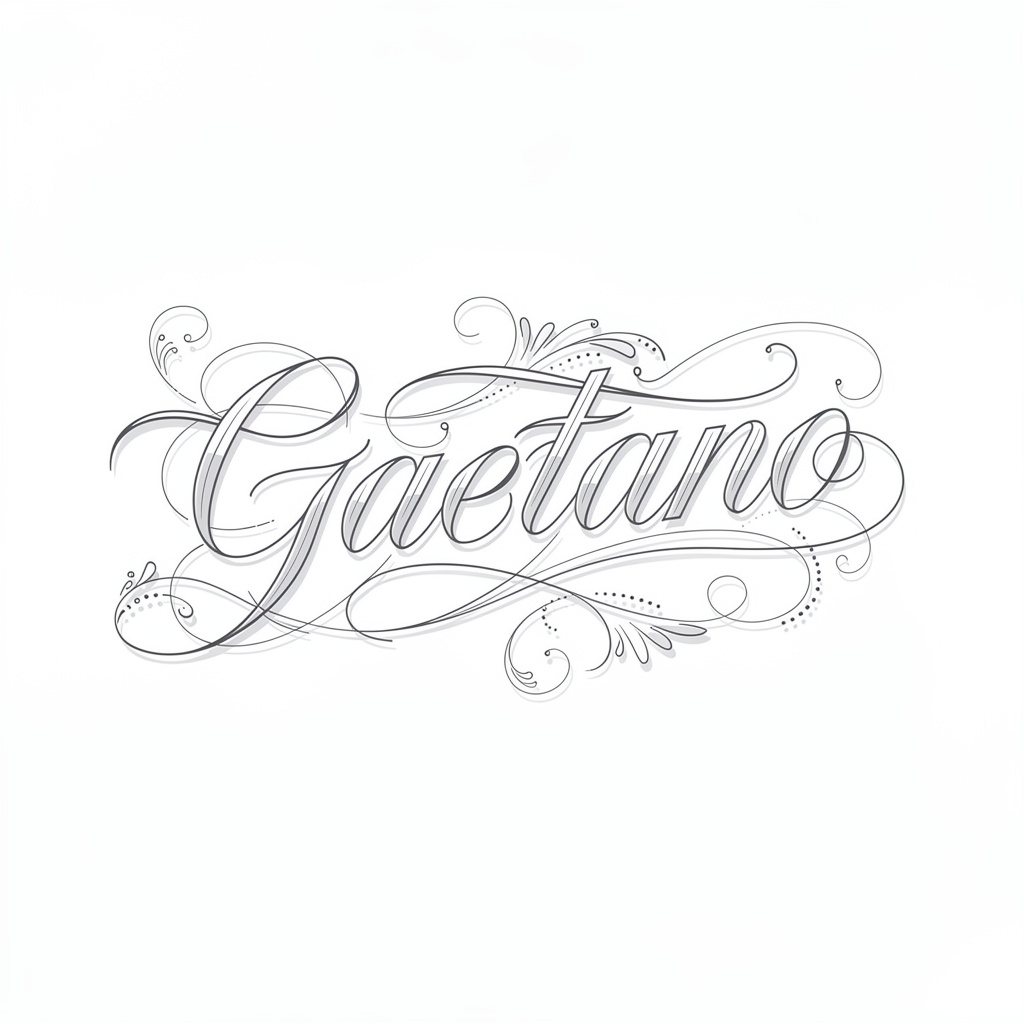 Elegant fine-line tattoo design of the name Gaetano with flowing ornamental script on white background.