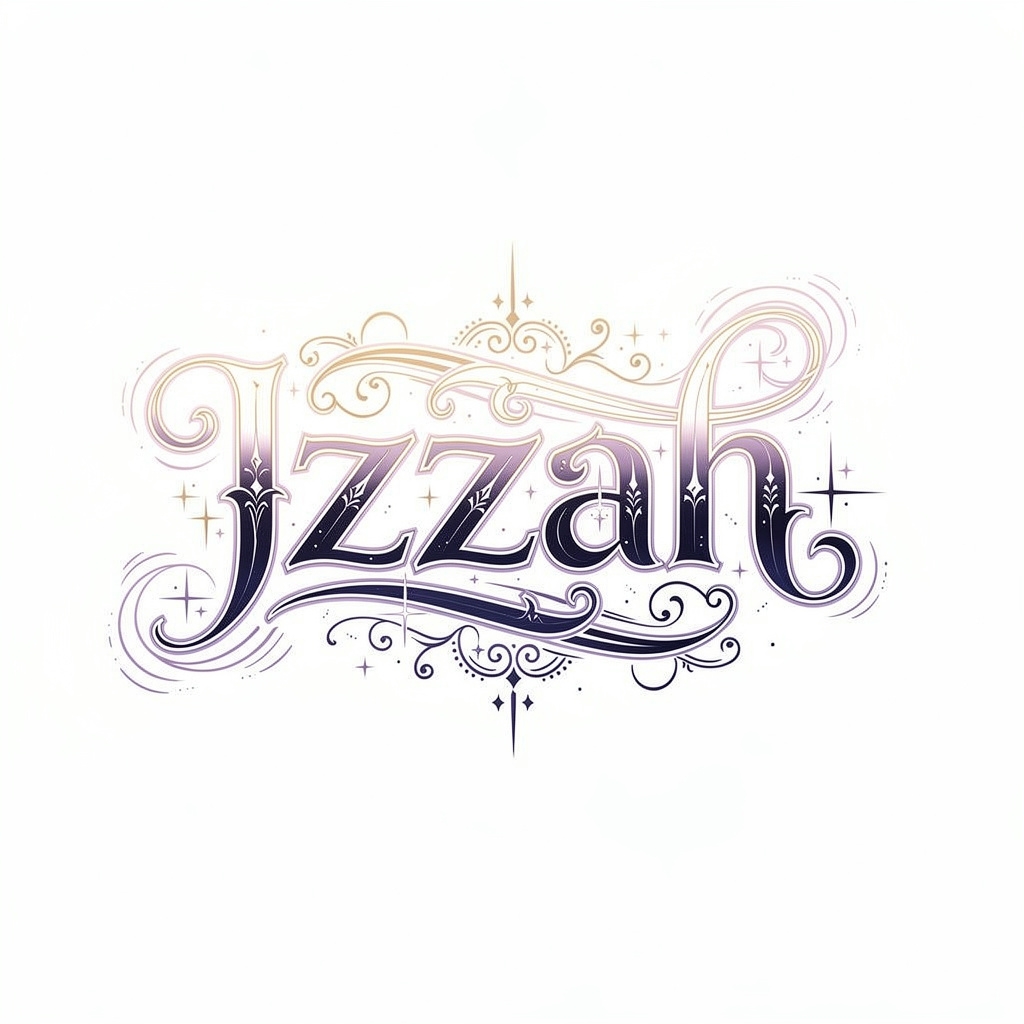 Intricate ornamental tattoo emblem spelling Izzah in a glowing, flowing Aetherflux style on white background.
