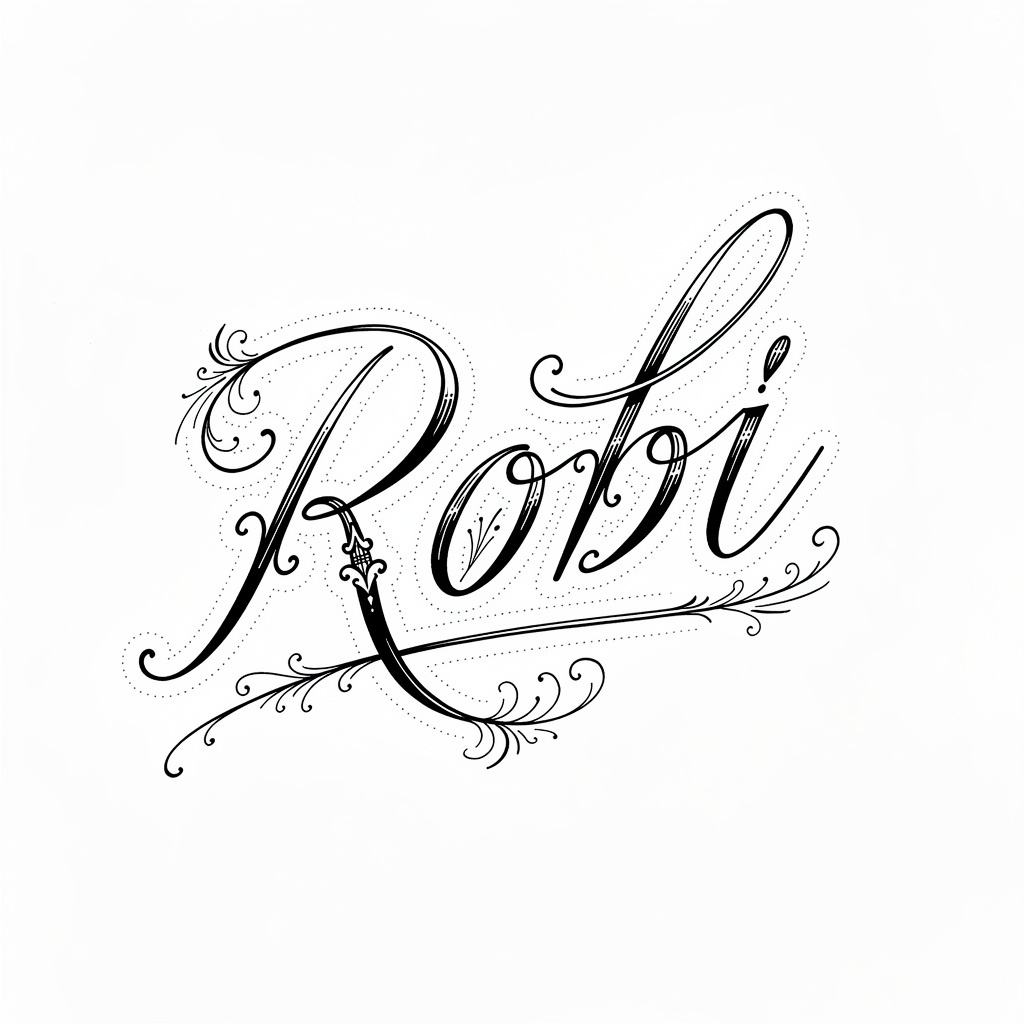 Fine-line ornamental tattoo design of the name Robi in Aetherflux style