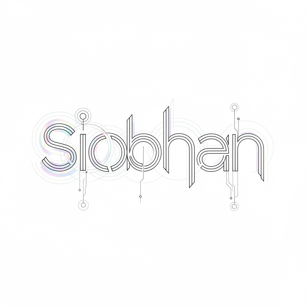 Minimal futuristic linework tattoo design spelling Siobhan in an abstract geometric style on white.