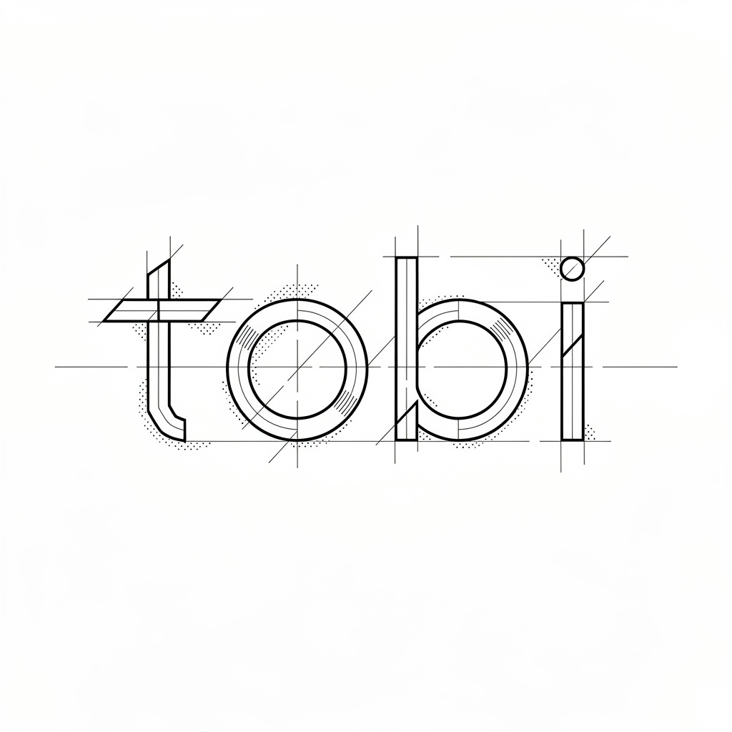 Geometric fine-line tattoo design of the name Tobi on a white background.