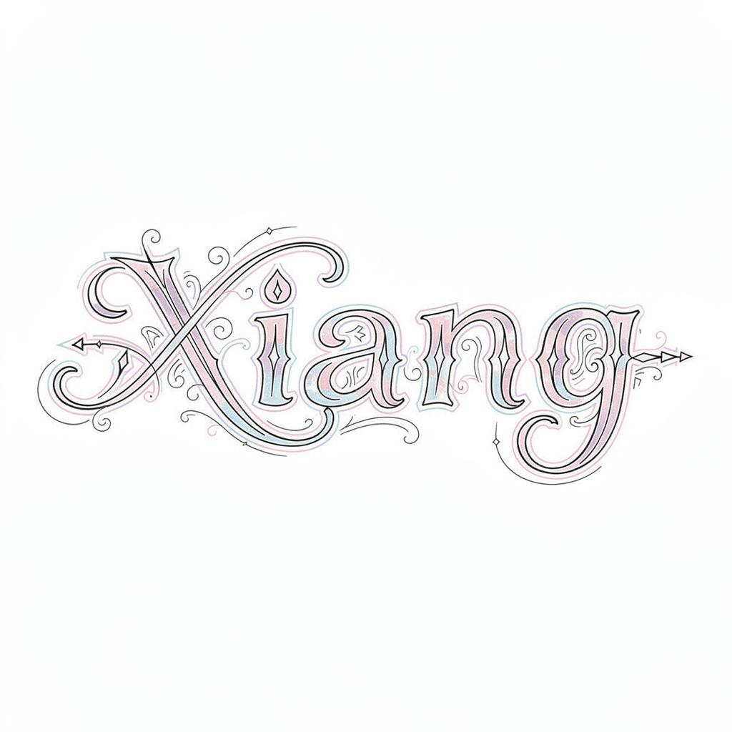 Aetherwave fine-line tattoo design of the name Xiang on white.