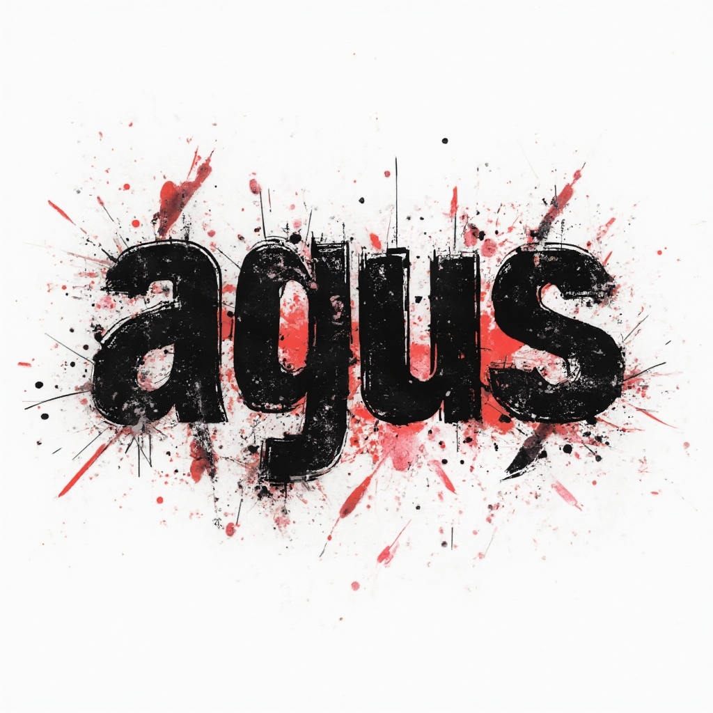 Trash Polka tattoo concept where the name agus is built from bold black shapes and red splashes on a white background.