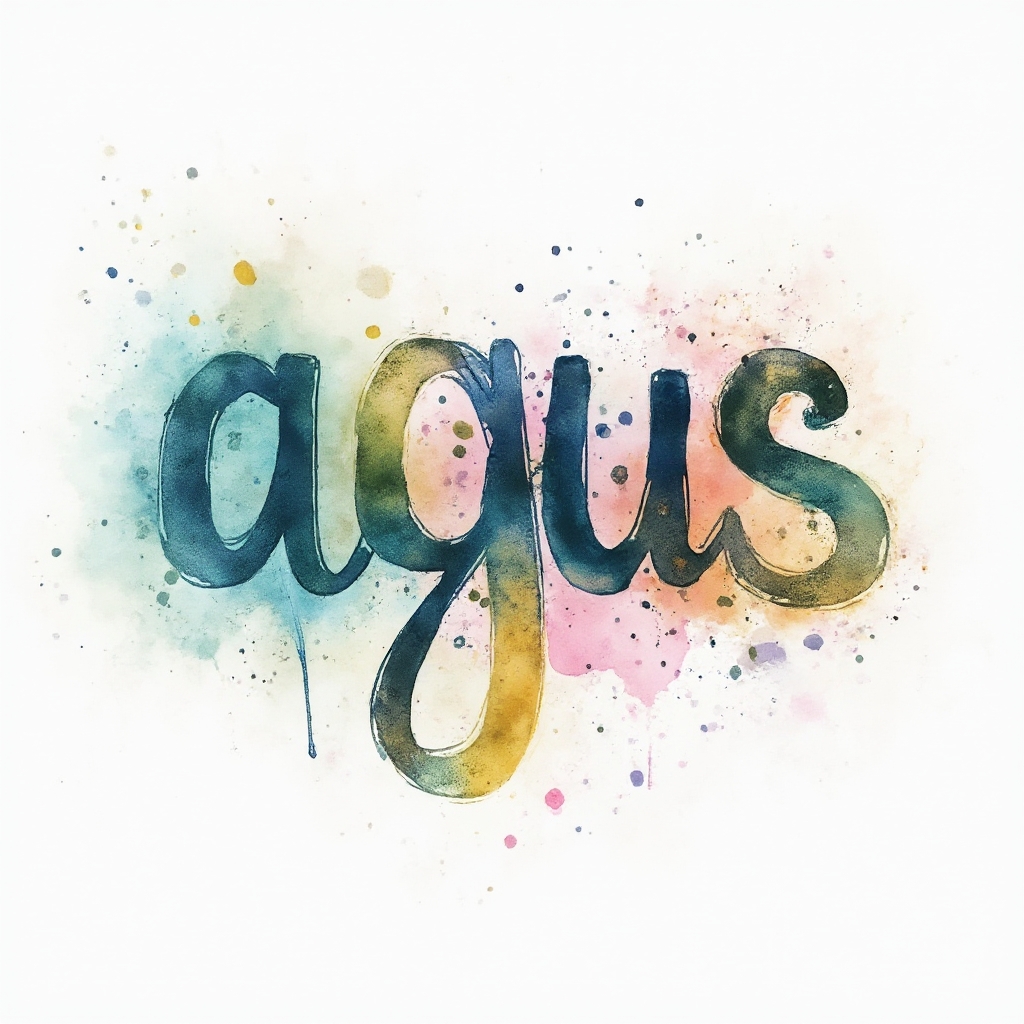 Watercolor splash tattoo concept where the name agus is formed by colorful brushstroke lettering on a white background.