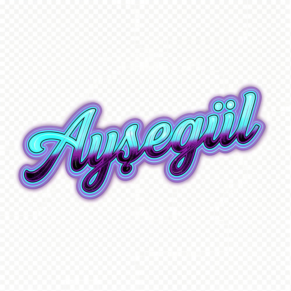 Glowing neo-traditional inspired tattoo lettering of the name Ayşegül on a transparent background.