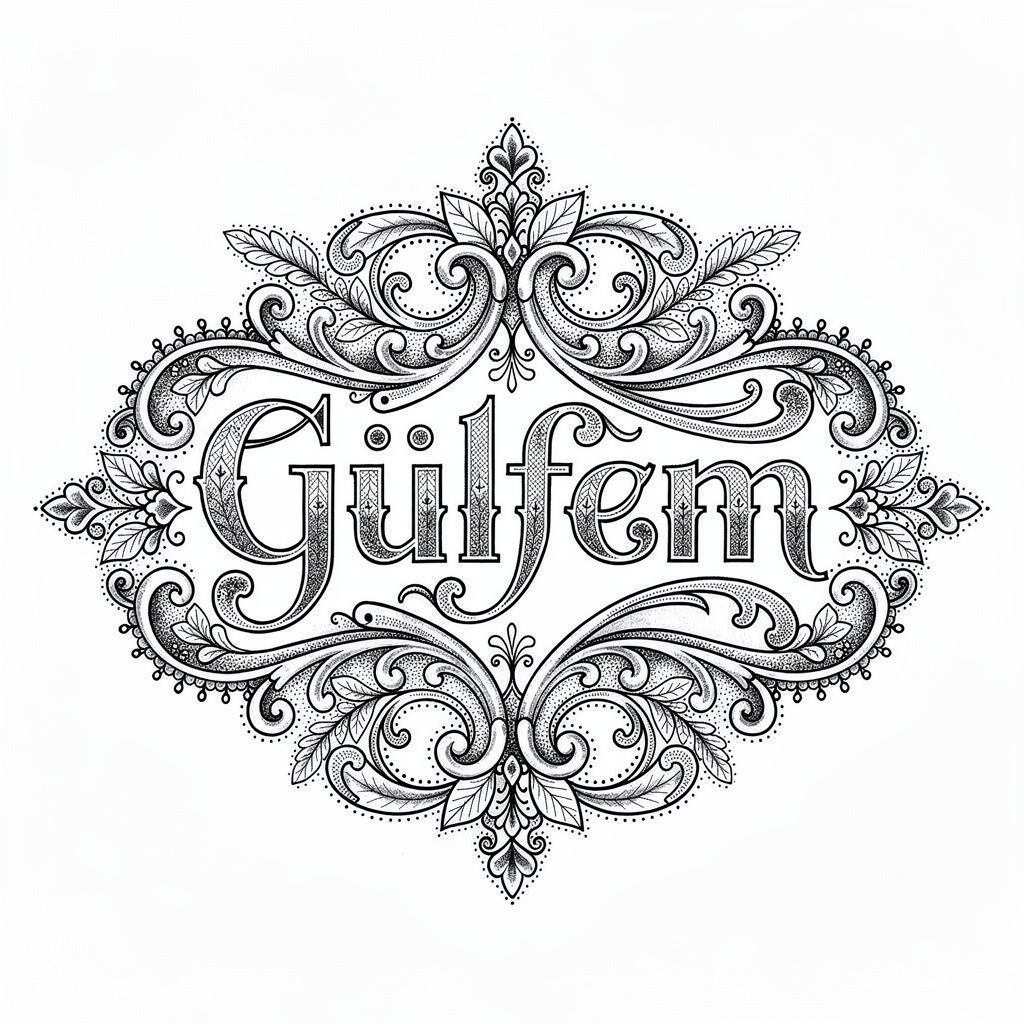 Intricate ornamental tattoo emblem integrating the name Gülfem.