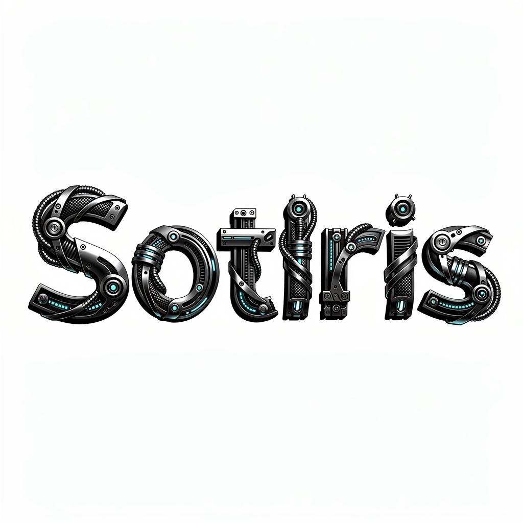Futuristic biomechanical-style tattoo design of the name Sotiris on white background.