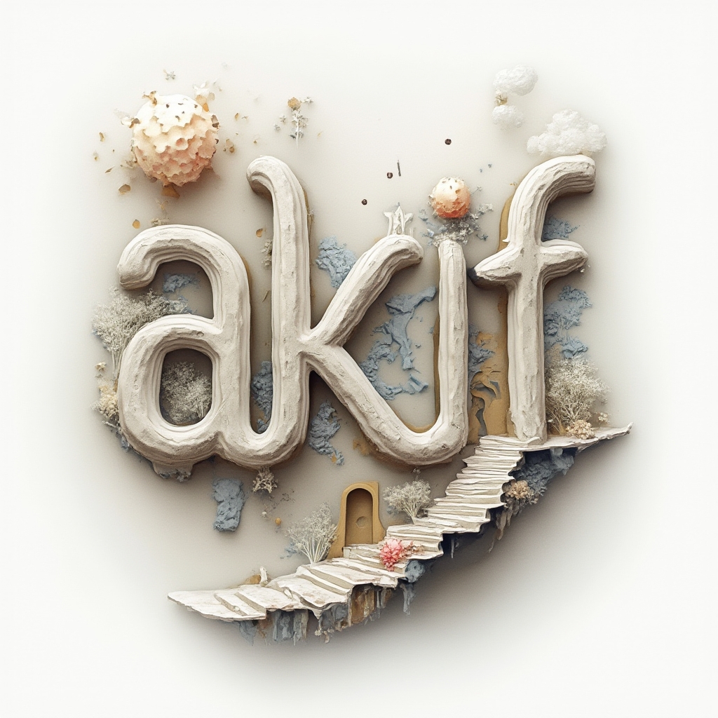 Surreal tattoo design where the name akif transforms into floating dreamlike structures