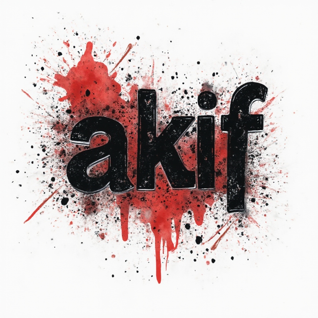 Trash Polka tattoo concept with the name akif in distressed black and red composition