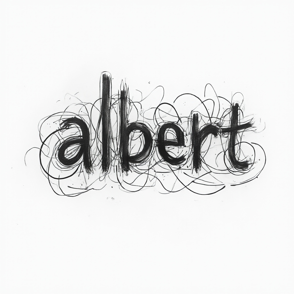 Abstract flowing linework tattoo concept subtly forming the name albert on a white background