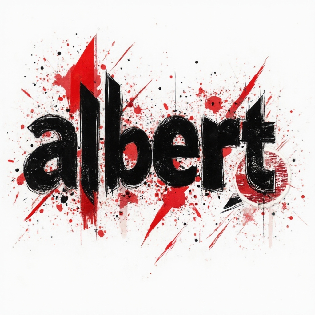 Trash Polka style black and red tattoo concept of the name albert on a white background