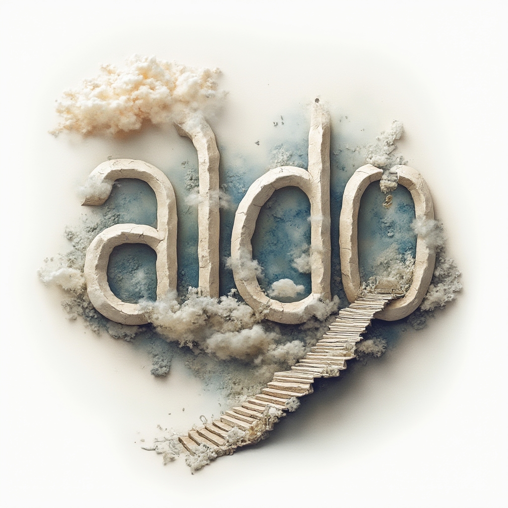 Surrealist dreamscape tattoo design where the name aldo is formed from impossible architecture and abstract shapes on a white background.