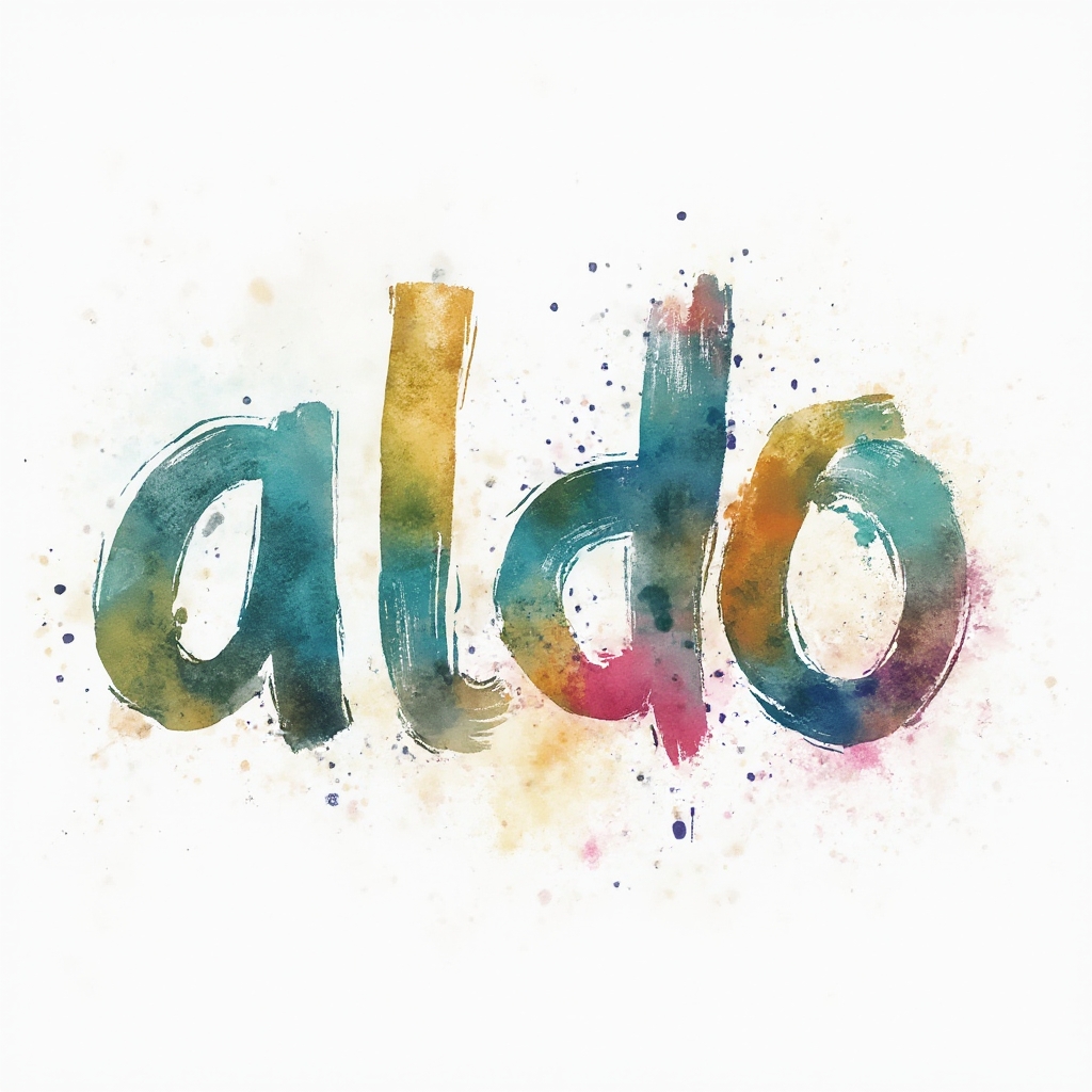 Watercolor splash tattoo design where the name aldo is formed by colorful brushstroke-style letters on a white background.