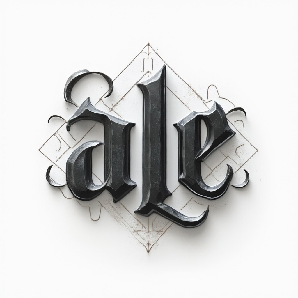 Monochrome dimensional glyph tattoo concept forming the name ale as interlocking sculpted letters on a white background